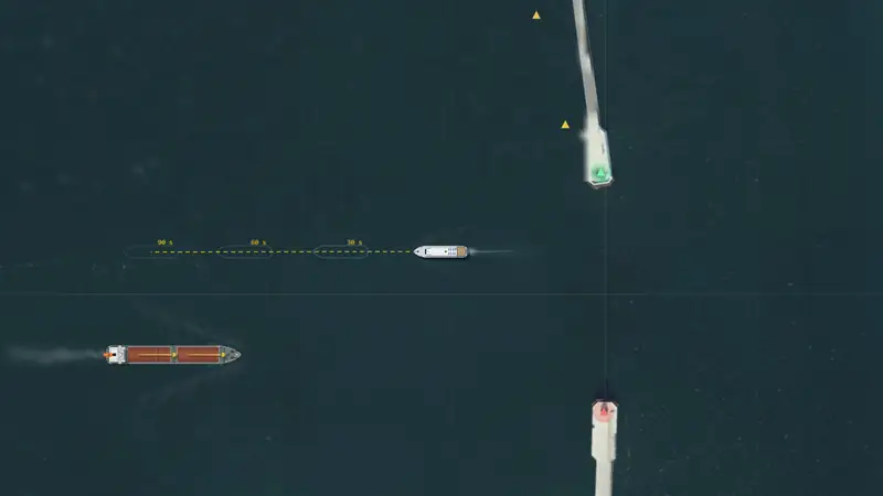 Kadr z gry: MS Anna tuż za główkami portu Gdynia, kurs na zachód.